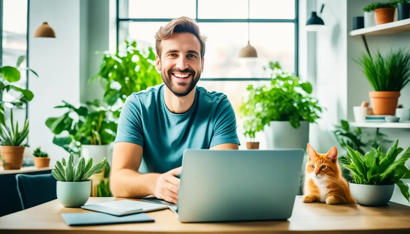 homem sorrindo na frente de um notebook trabalhando remotamente