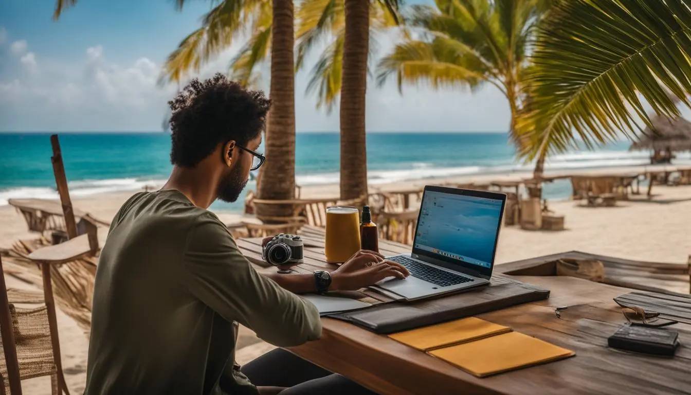 cidadão do mundo trabalhando da praia na frente de um notebook